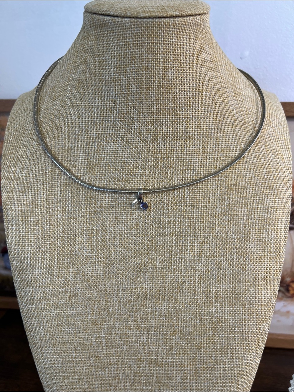 Sterling Silver Choker Necklace with Purple Gem Charm
